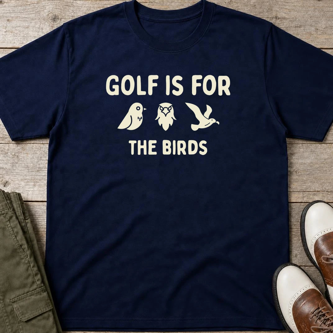 The Birds T-Shirt in Navy lying on a plain floor. T-shirt is a unisex cut and 100 per cent cotton.