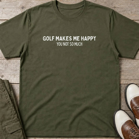 Happy T-Shirt in Military Green lying on a plain floor. T-shirt is a unisex cut and 100 per cent cotton.