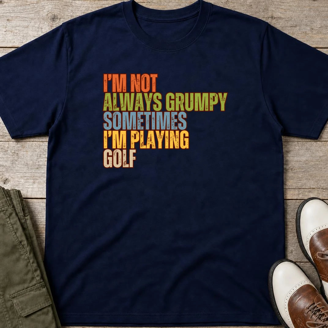 Grumpy Classic T-Shirt in Navy lying on a plain floor. T-shirt is a unisex cut and 100 per cent cotton.