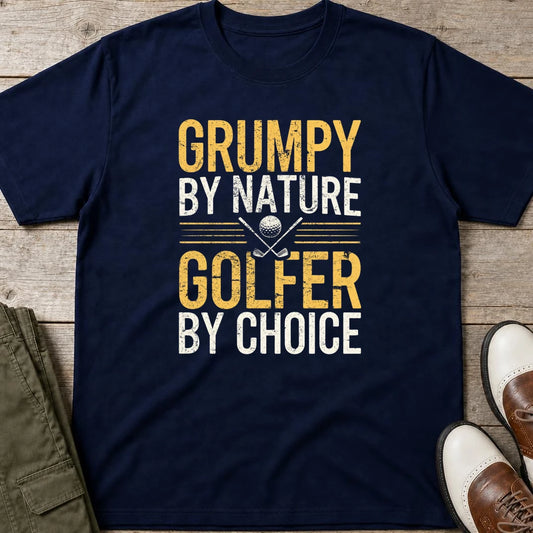 Grumpy By Nature T-Shirt in Navy lying on a plain floor. T-shirt is a unisex cut and 100 per cent cotton.