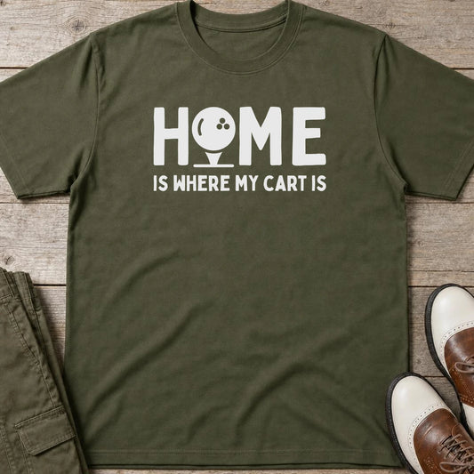 Home T-Shirt in Military Green lying on a plain floor. T-shirt is a unisex cut and 100 per cent cotton.