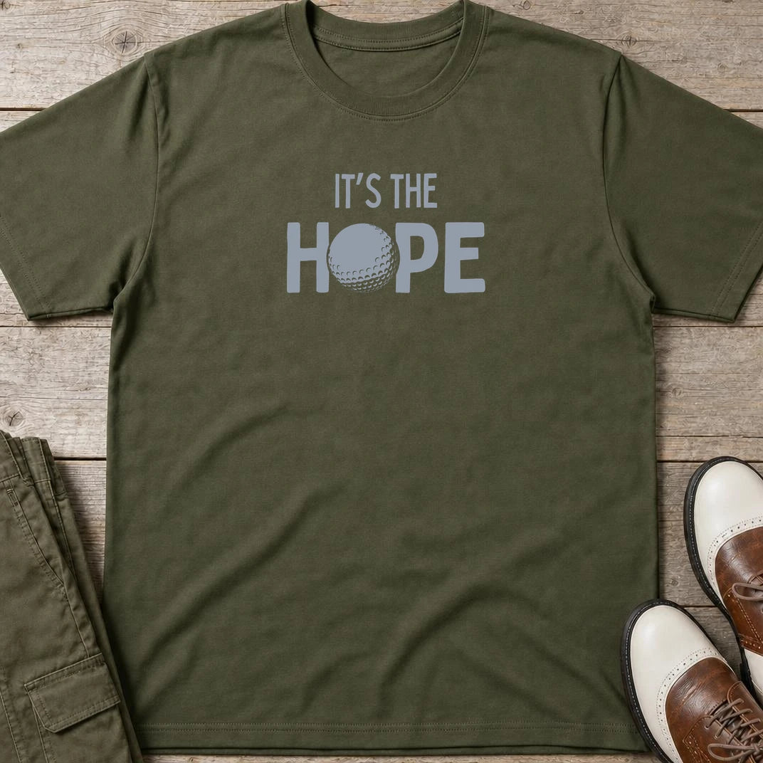 The Hope T-Shirt in Military Green lying on a plain floor. T-shirt is a unisex cut and 100 per cent cotton.