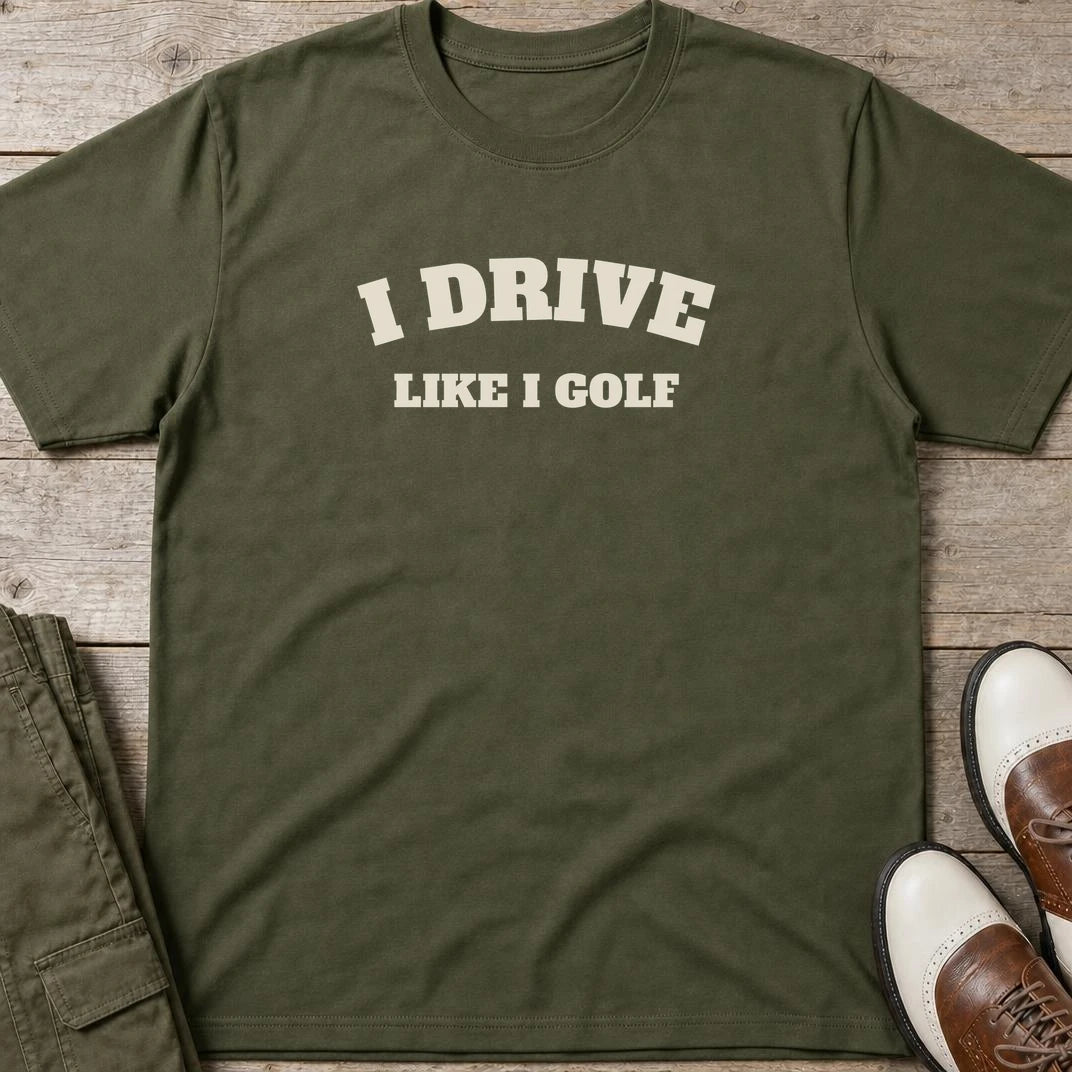 I Drive T-Shirt in Military Green lying on a plain floor. T-shirt is a unisex cut and 100 per cent cotton.
