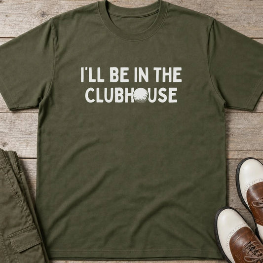 In The Clubhouse T-Shirt in Military Green lying on a plain floor. T-shirt is a unisex cut and 100 per cent cotton.