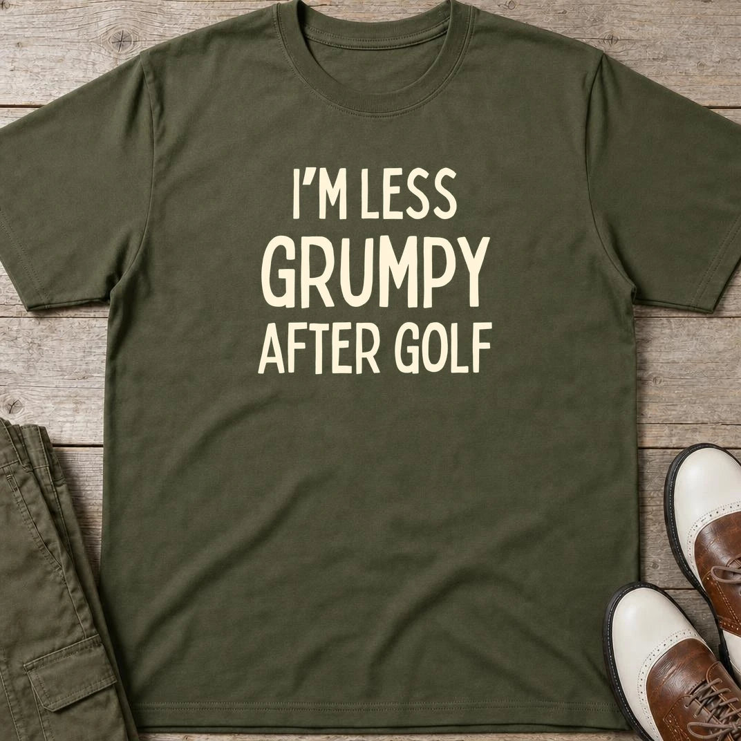 I'm Less Grumpy After Golf T-Shirt in Military Green lying on a plain floor. T-shirt is a unisex cut and 100 per cent cotton.