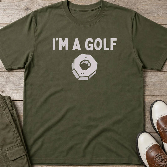 Golf Nut T-Shirt in Military Green lying on a plain floor. T-shirt is a unisex cut and 100 per cent cotton.