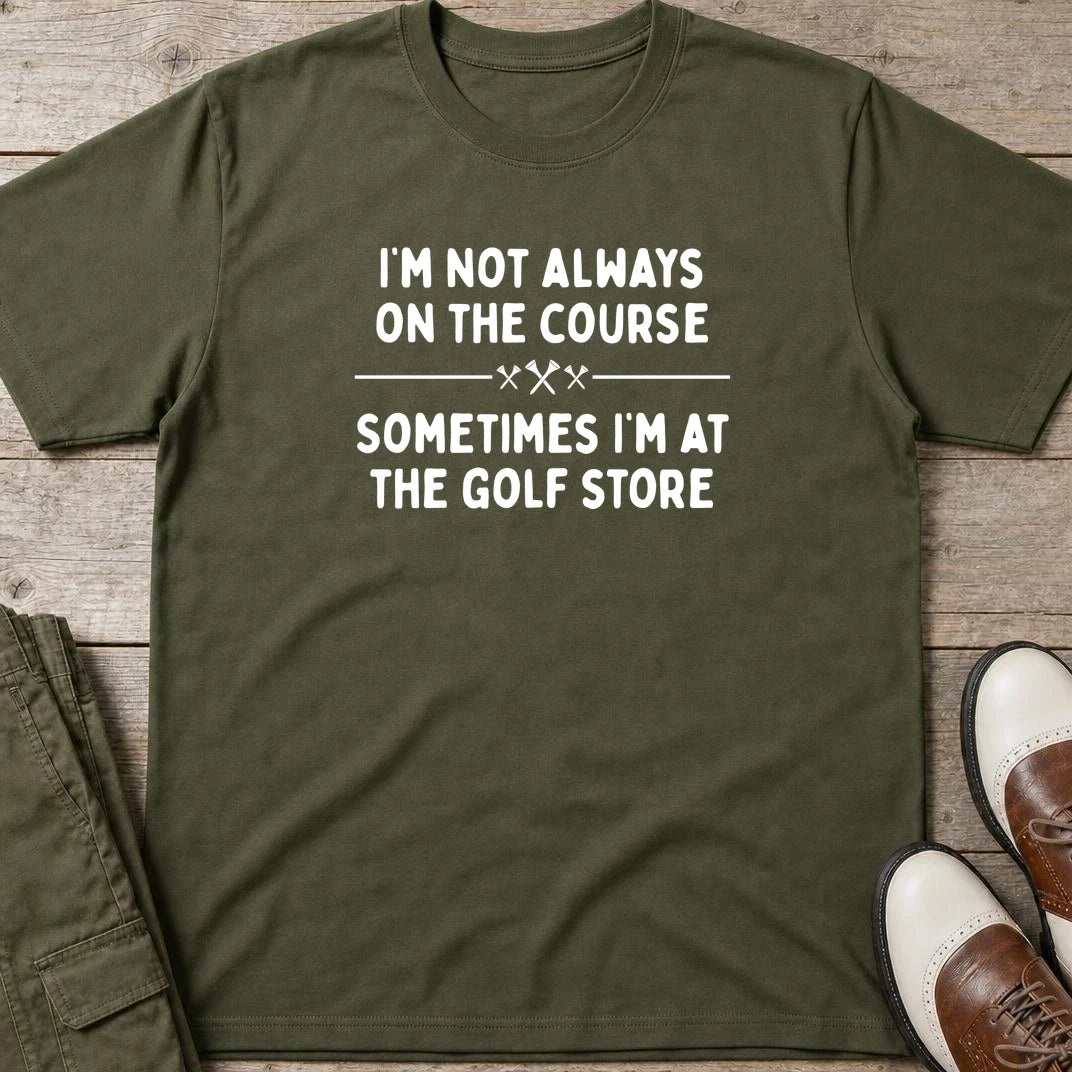 Golf Store T-Shirt in Military Green lying on a plain floor. T-shirt is a unisex cut and 100 per cent cotton.