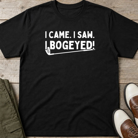 Bogeyed T-Shirt in Black lying on a plain floor. T-shirt is a unisex cut and 100 per cent cotton.