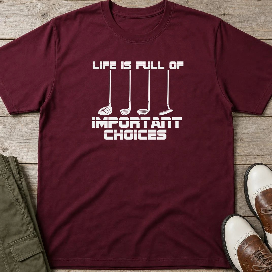 Important Choices T-Shirt in Maroon lying on a plain floor. T-shirt is a unisex cut and 100 per cent cotton.