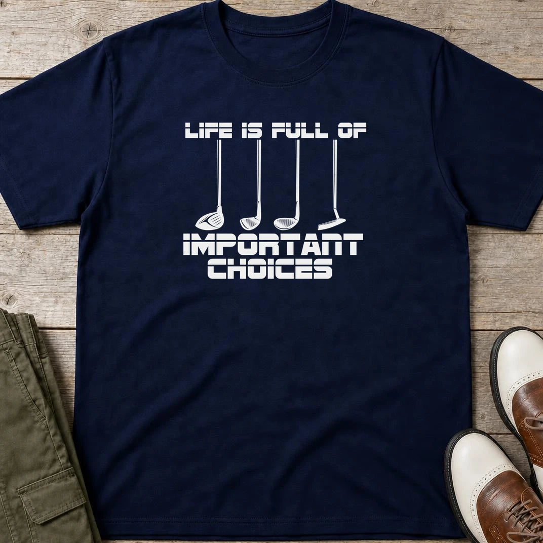 Important Choices T-Shirt in Navy lying on a plain floor. T-shirt is a unisex cut and 100 per cent cotton.