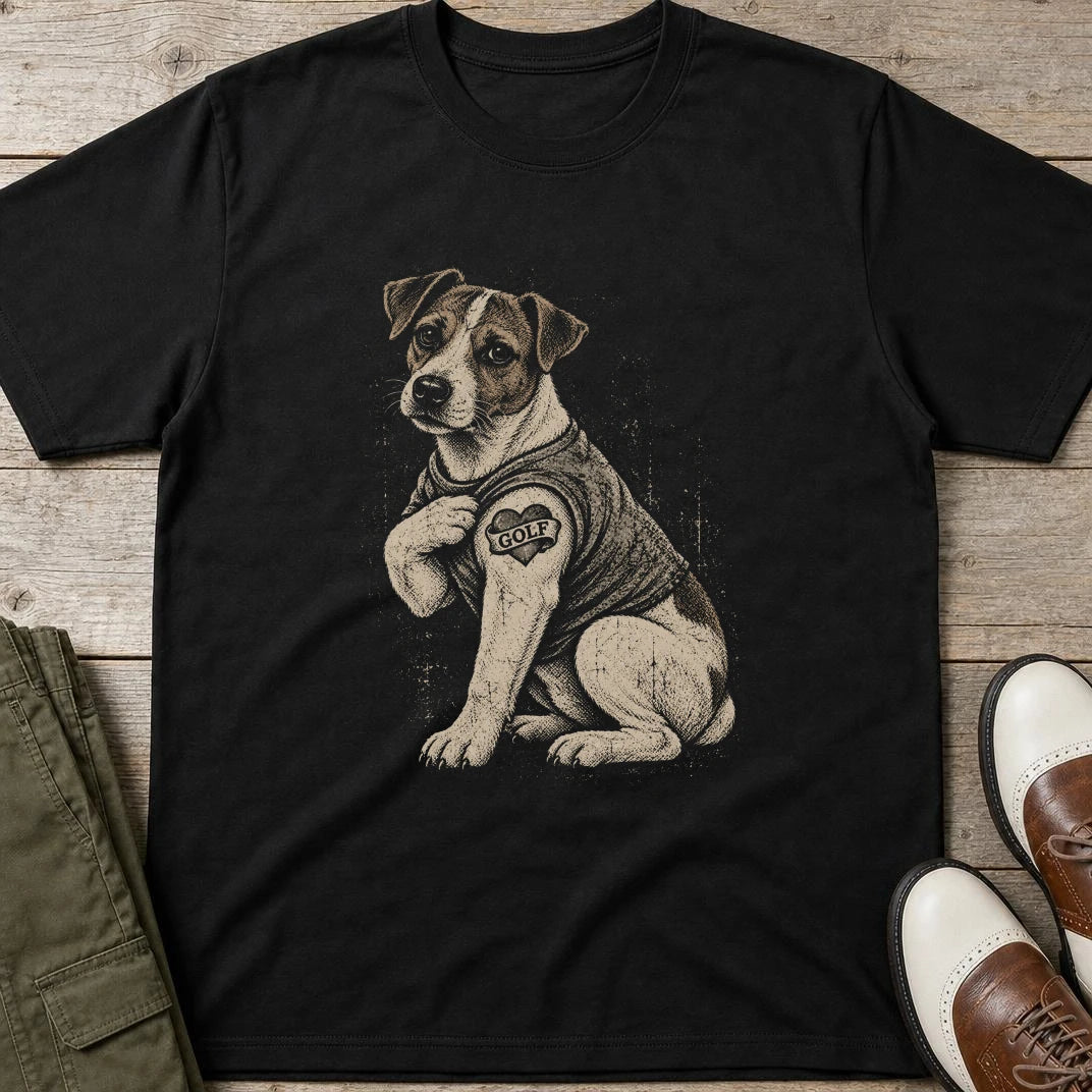 Jack Russell Golf T-Shirt in Black lying on a plain floor. T-shirt is a unisex cut and 100 per cent cotton.