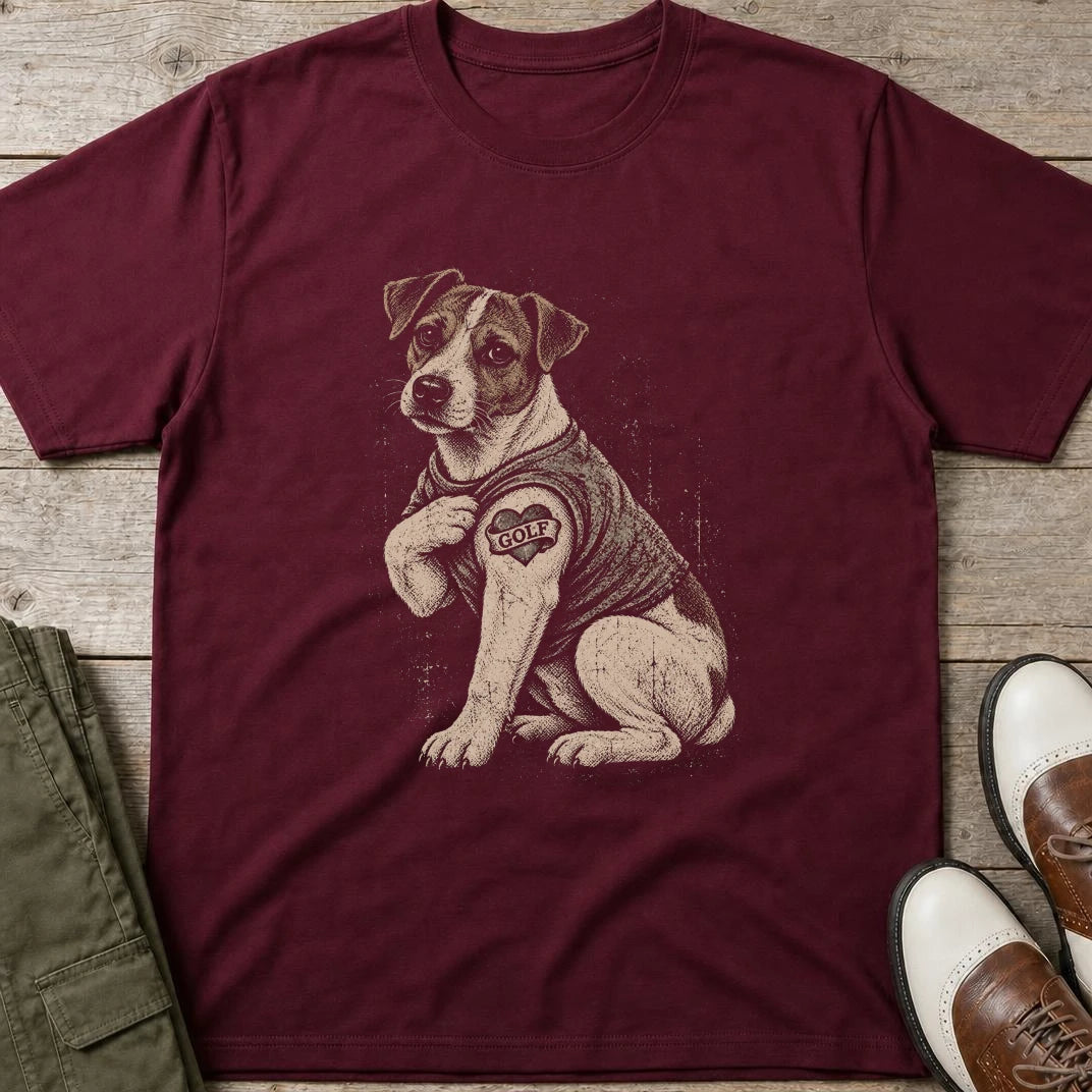 Jack Russell Golf T-Shirt in Maroon lying on a plain floor. T-shirt is a unisex cut and 100 per cent cotton.