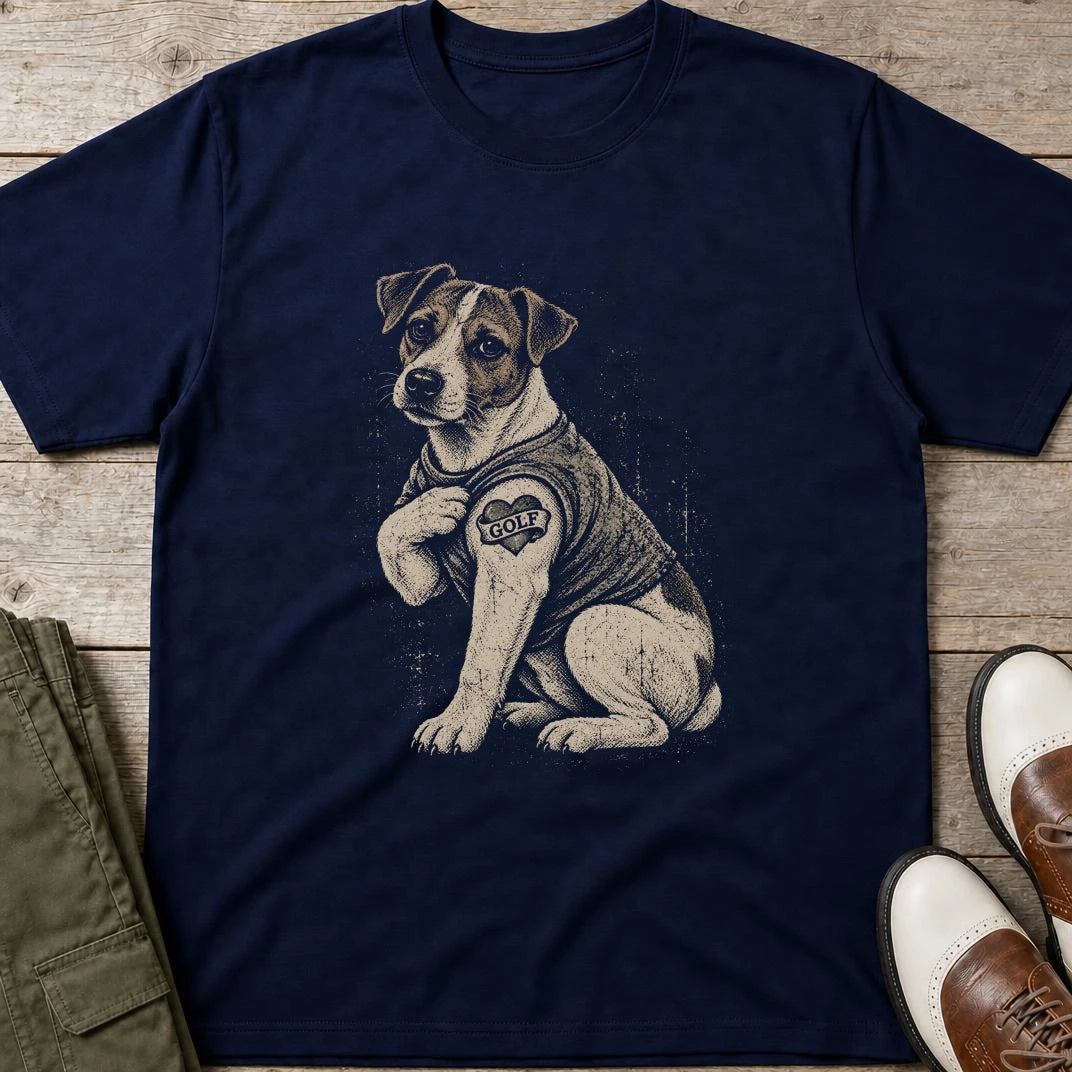 Jack Russell Golf T-Shirt in Navy lying on a plain floor. T-shirt is a unisex cut and 100 per cent cotton.