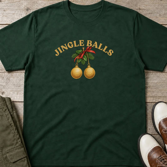 Jingle Balls T-Shirt in Forest Green lying on a plain floor. T-shirt is a unisex cut and 100 per cent cotton.