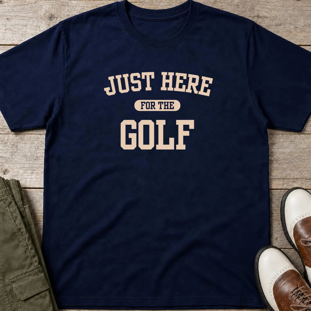 Just Here T-Shirt in Navy lying on a plain floor. T-shirt is a unisex cut and 100 per cent cotton.