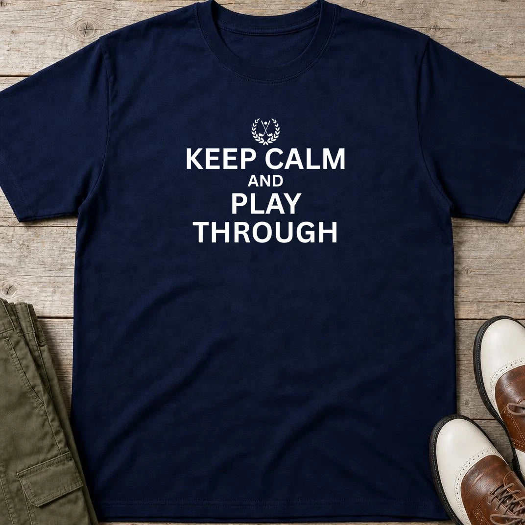 Keep Calm T-Shirt in Navy lying on a plain floor. T-shirt is a unisex cut and 100 per cent cotton.