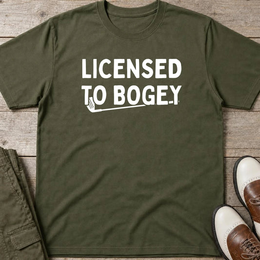Licensed T-Shirt in Military Green lying on a plain floor. T-shirt is a unisex cut and 100 per cent cotton.