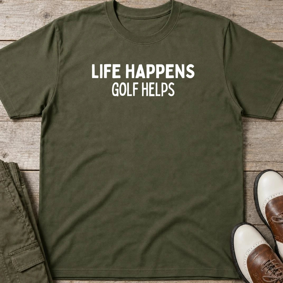 Golf Helps T-Shirt in Military Green lying on a plain floor. T-shirt is a unisex cut and 100 per cent cotton.