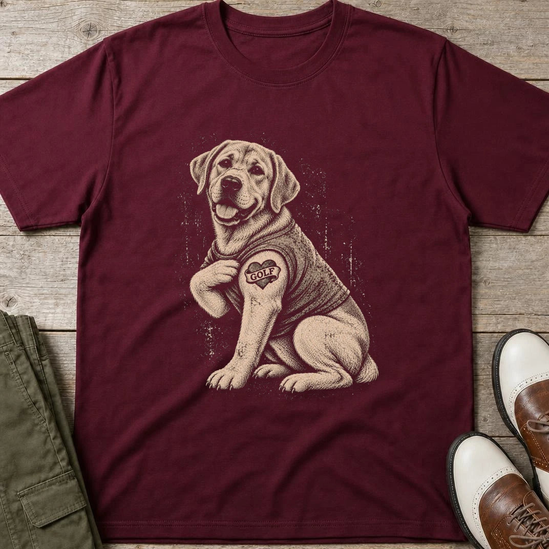 Labrador Golfer T-Shirt in Maroon lying on a plain floor. T-shirt is a unisex cut and 100 per cent cotton.