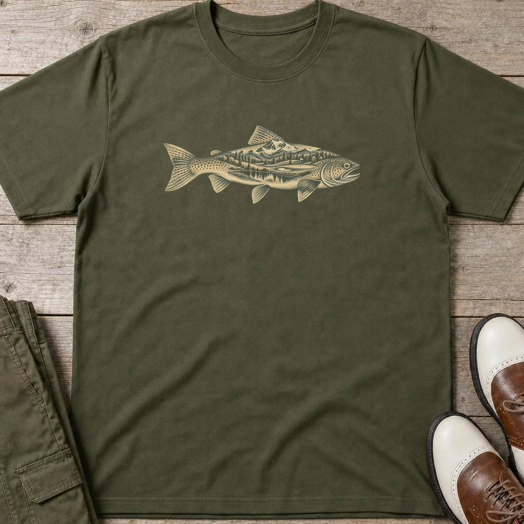 Lakeside Golf T-Shirt in Military Green lying on a plain floor. T-shirt is a unisex cut and 100 per cent cotton.