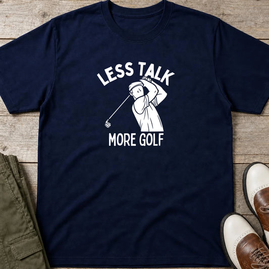 Less Talk T-Shirt in Navy lying on a plain floor. T-shirt is a unisex cut and 100 per cent cotton.