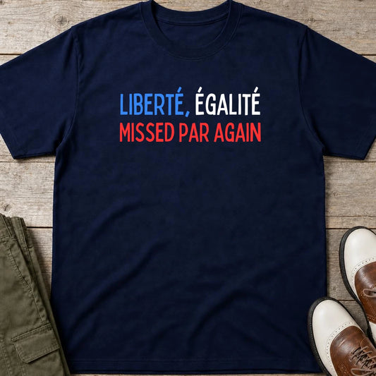 Liberté Égalité T-Shirt in Navy lying on a plain floor. T-shirt is a unisex cut and 100 per cent cotton.