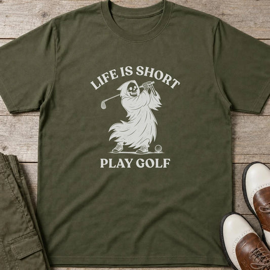 Life Is Short T-Shirt in Military Green lying on a plain floor. T-shirt is a unisex cut and 100 per cent cotton.