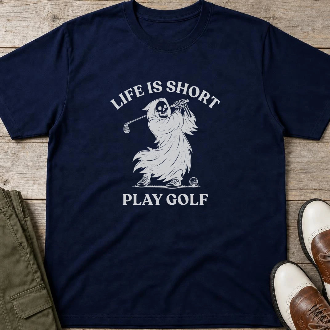 Life Is Short T-Shirt in Navy lying on a plain floor. T-shirt is a unisex cut and 100 per cent cotton.