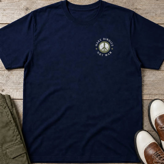Make Birdies Pocket T-Shirt in Navy lying on a plain floor. T-shirt is a unisex cut and 100 per cent cotton.
