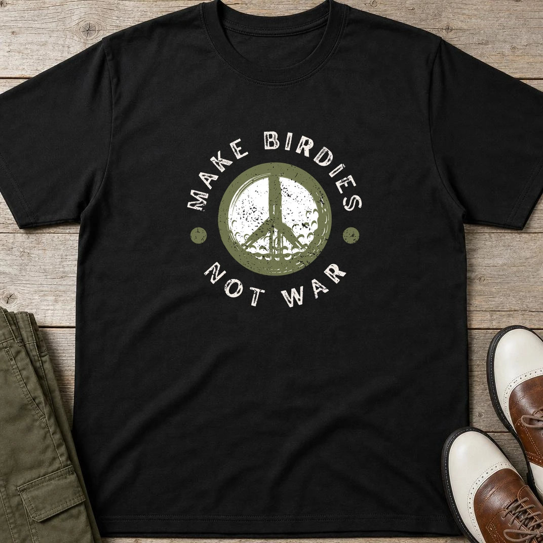 Make Birdies T-Shirt in Black lying on a plain floor. T-shirt is a unisex cut and 100 per cent cotton.