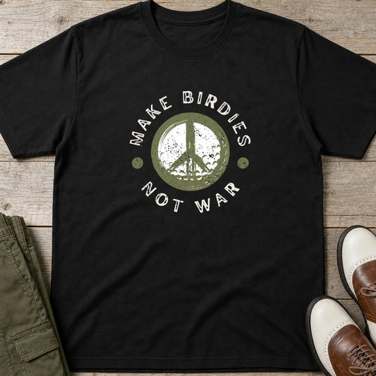 Make Birdies T-Shirt in Black lying on a plain floor. T-shirt is a unisex cut and 100 per cent cotton.
