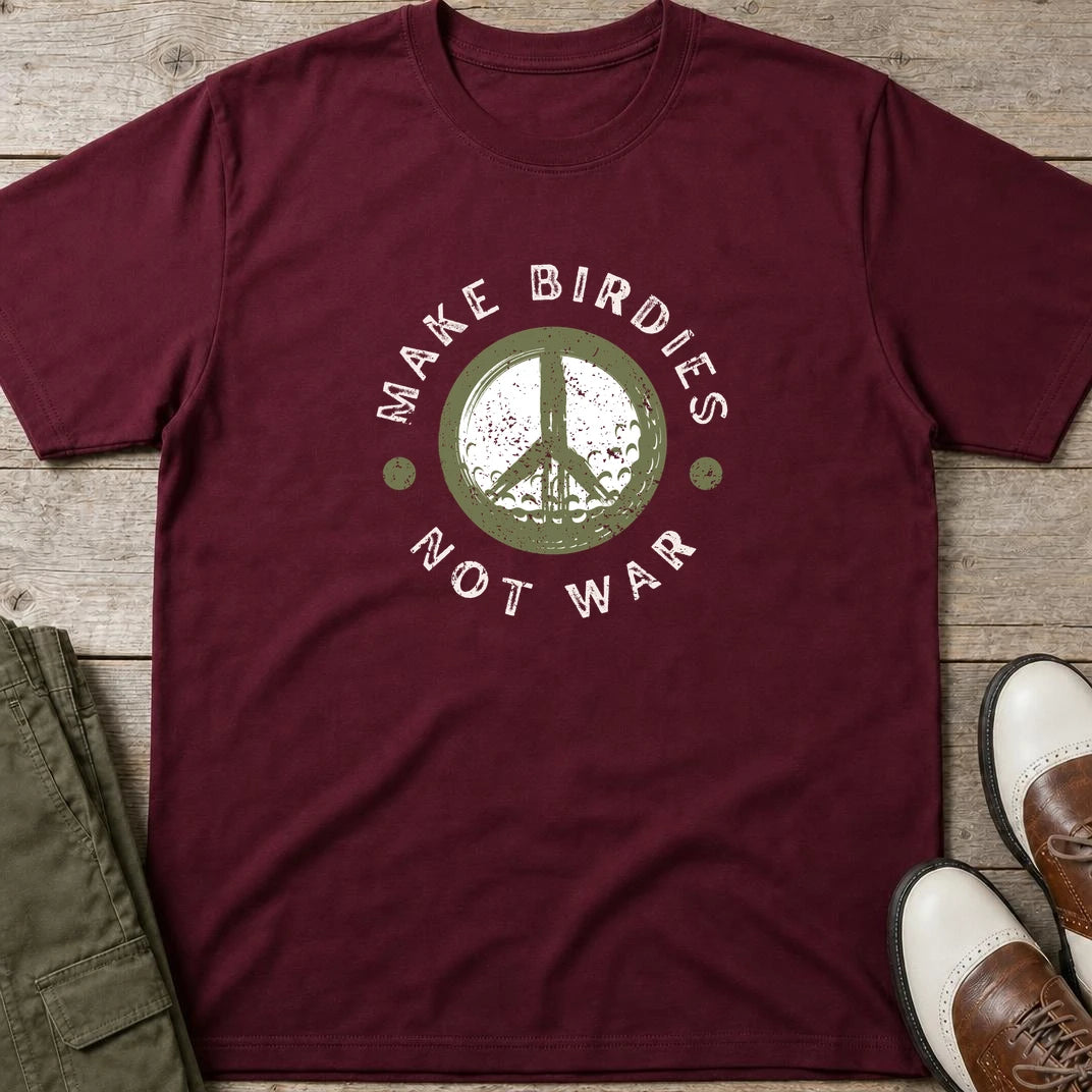 Make Birdies T-Shirt in Maroon lying on a plain floor. T-shirt is a unisex cut and 100 per cent cotton.