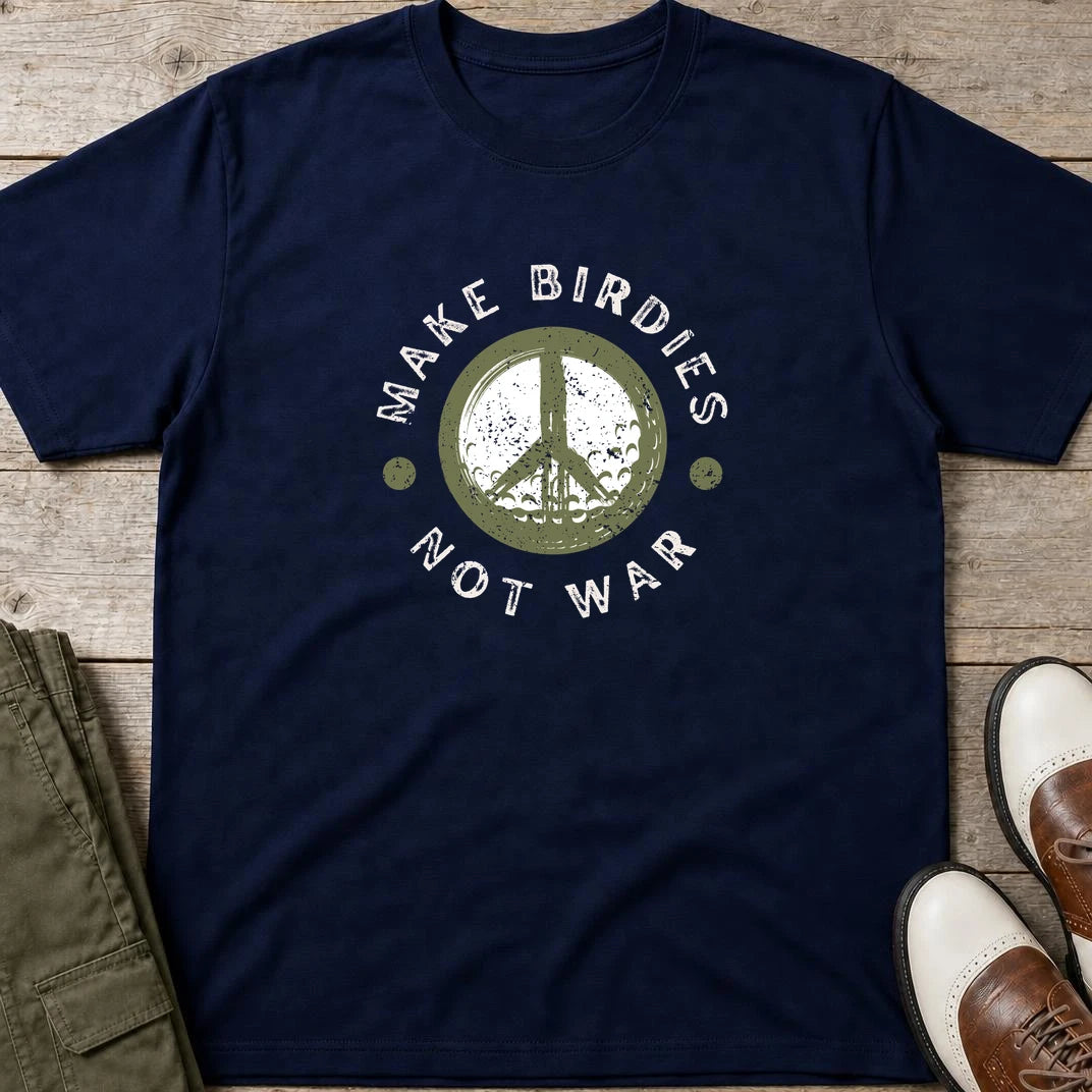 Make Birdies T-Shirt in Navy lying on a plain floor. T-shirt is a unisex cut and 100 per cent cotton.