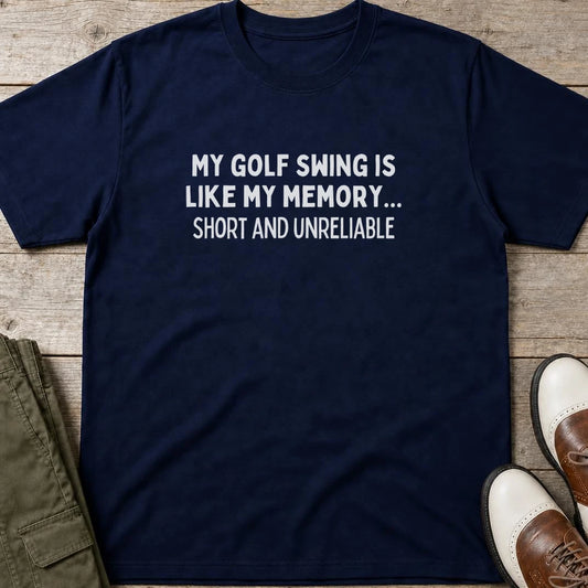 Memory T-Shirt in Navy lying on a plain floor. T-shirt is a unisex cut and 100 per cent cotton.