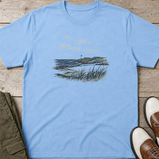 Tranquillity T-Shirt in lying on a plain floor. T-shirt is a unisex cut and 100 per cent cotton.
