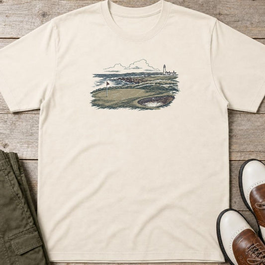 The Links T-Shirt in lying on a plain floor. T-shirt is a unisex cut and 100 per cent cotton.