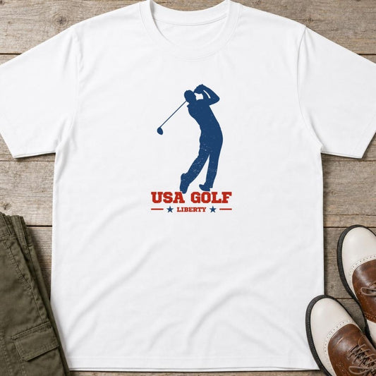 USA Golf Liberty T-Shirt in lying on a plain floor. T-shirt is a unisex cut and 100 per cent cotton.