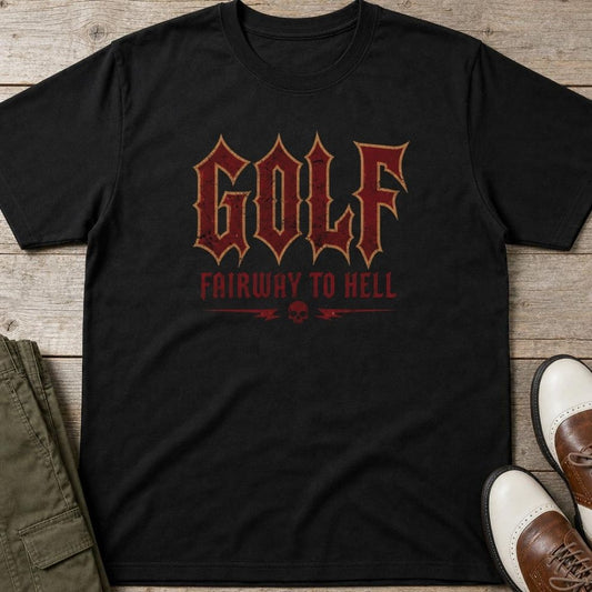 Golf Hell T-Shirt in lying on a plain floor. T-shirt is a unisex cut and 100 per cent cotton.