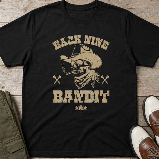 Back Nine Bandit T-Shirt in lying on a plain floor. T-shirt is a unisex cut and 100 per cent cotton.