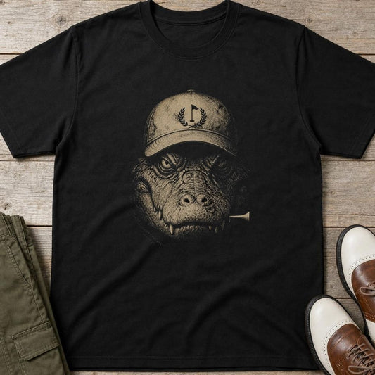 Crocodile Golfer T-Shirt in lying on a plain floor. T-shirt is a unisex cut and 100 per cent cotton.