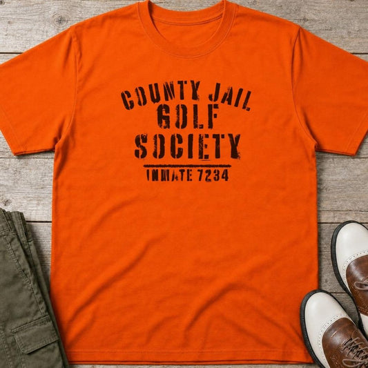 County Jail T-Shirt in lying on a plain floor. T-shirt is a unisex cut and 100 per cent cotton.