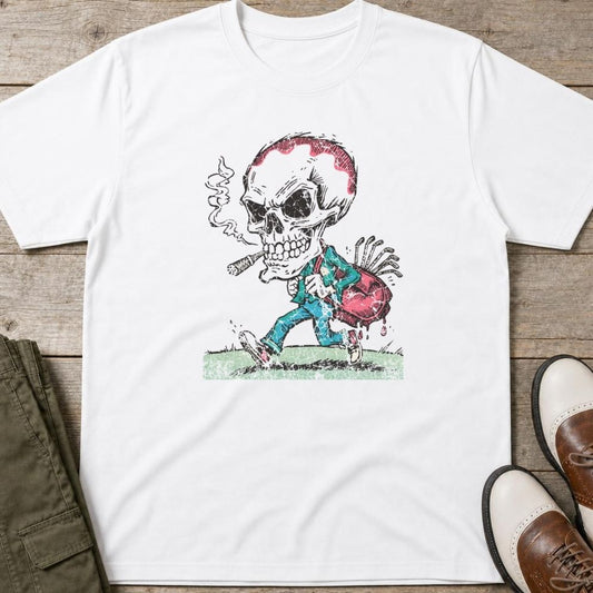 Cigar Golf T-Shirt in lying on a plain floor. T-shirt is a unisex cut and 100 per cent cotton.