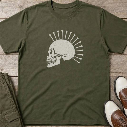 Mohawk Golfer T-Shirt in Military Green lying on a plain floor. T-shirt is a unisex cut and 100 per cent cotton.