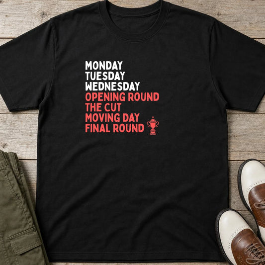 Final Round T-Shirt in Black lying on a plain floor. T-shirt is a unisex cut and 100 per cent cotton.