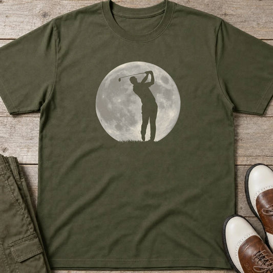 Moon Shot T-Shirt in Military Green lying on a plain floor. T-shirt is a unisex cut and 100 per cent cotton.