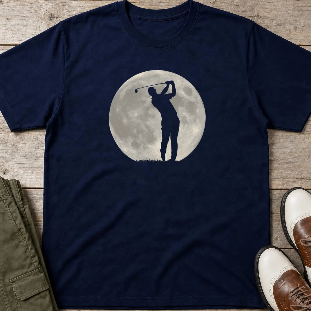 Moon Shot T-Shirt in Navy lying on a plain floor. T-shirt is a unisex cut and 100 per cent cotton.