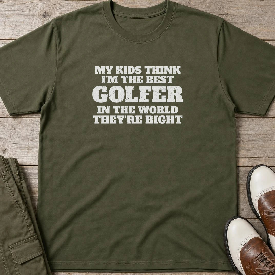 My Kids T-Shirt in Military Green lying on a plain floor. T-shirt is a unisex cut and 100 per cent cotton.