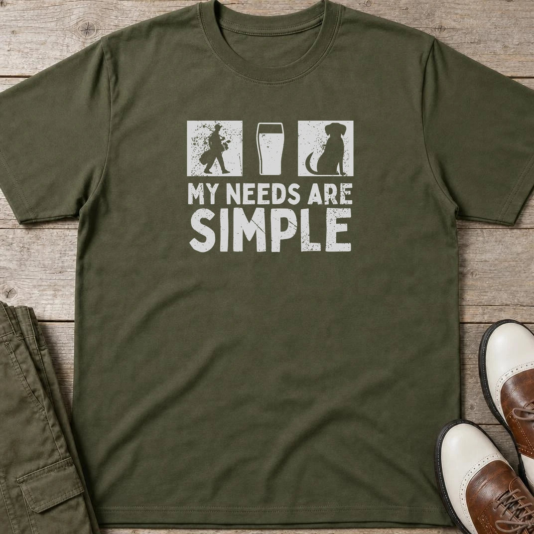 Simple T-Shirt in Military Green lying on a plain floor. T-shirt is a unisex cut and 100 per cent cotton.