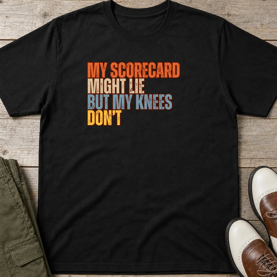 Scorecard Might Lie T-Shirt in Black lying on a plain floor. T-shirt is a unisex cut and 100 per cent cotton.
