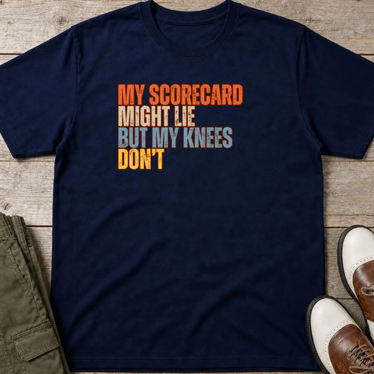 Scorecard Might Lie T-Shirt in Navy lying on a plain floor. T-shirt is a unisex cut and 100 per cent cotton.